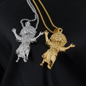 Vintage Religious Angel Pendant Necklace Stainless Steel Rhinestone Inlaid Holy Infant Portrait Relief Necklace For Men Women Jewelry Gift