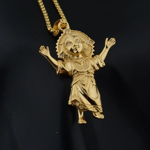 Golden titanium steel angel pendant necklace with sparkling zircons on black leather