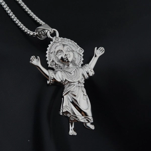 Titanium steel angel pendant necklace with silver box chain and detailed robe textures