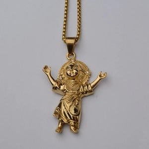 Golden angel pendant necklace with white zircon accents on a durable box chain link