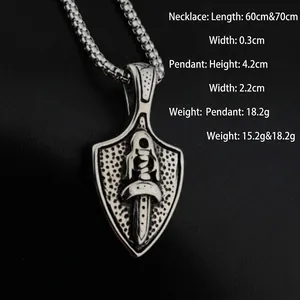 Hip hop shield and dagger pendant necklace with square pearl chain in silver steel