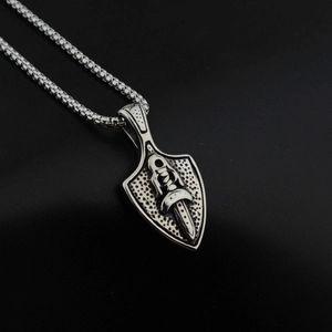 Hip hop shield and dagger pendant necklace in retro silver stainless steel finish