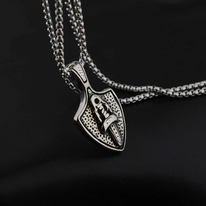 Retro shield and dagger pendant necklace in vintage steel with a box chain