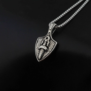 Hip hop shield and dagger pendant necklace with vintage hammered texture and silver chain