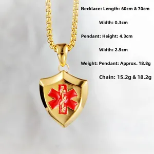 Detailansicht des goldenen Notfall-Anhängers mit Star of Life und Kettenlängen-Optionen