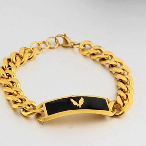 Cuban link bracelet in gold finish featuring a black enamel plate with eagle motif for men