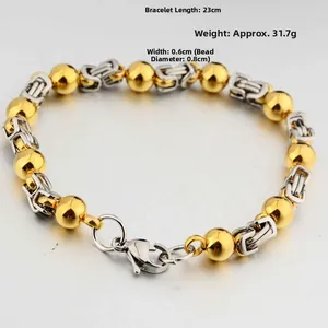 Dettaglio del bracciale a catena bizantina bicolore con misure: 23 cm di lunghezza e perle 8 mm