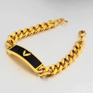 Men's gold Cuban link bracelet featuring a black rectangle plate with a gold eagle emblem