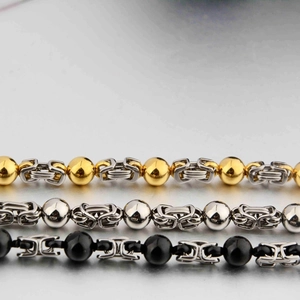Bracciali a catena bizantina in argento con perle dorate, argento e nere per uomo e donna
