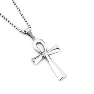 Collana con ciondolo a croce Ankh in acciaio inossidabile argento lucido e catena box