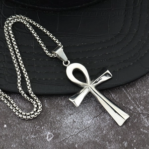 Collana con ciondolo a croce Ankh in acciaio inossidabile argento lucido con catena