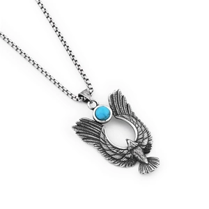 Collier avec pendentif aigle en argent vintage avec pierre turquoise et chaîne box