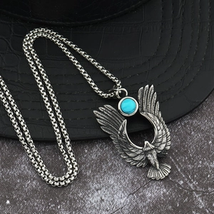 Pendentif aigle vintage avec pierre turquoise et chaîne argentée pour homme et femme