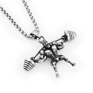 Collana con pendente sollevatore pesi vintage in argento e catena box per fitness