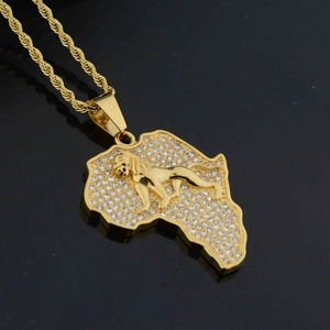 Hip Hop Gold Edelstahl Afrika Karte Löwenkopf Anhänger Halskette Strass Eingelegt Torsionskette Schmuck Für Herren Damen