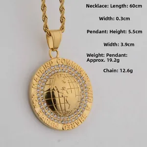 Detailed view of golden earth globe pendant with white zircon pavé and rope chain