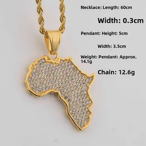 Detail view of iced-out Africa map pendant with 60cm twist chain and measurements