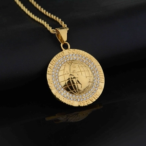Gold rope chain necklace with a rhinestone-studded earth pendant for men and women