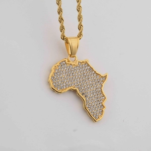 Gold plated stainless steel Africa map pendant with crystals on twisted rope chain