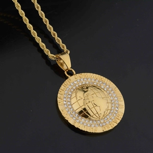 Stainless Steel Earth Map Pendant Necklace With Zirconia Engraved Slogan Round Disk Rope Chain Hip Hop Jewelry Men Women