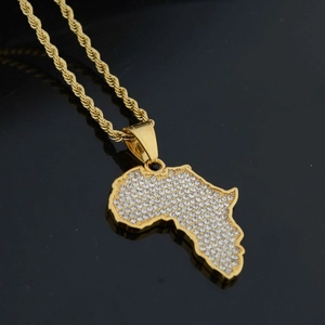 Iced out Africa map pendant necklace in gold finish with sparkling crystals and rope chain