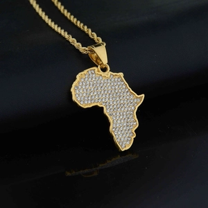 Iced out Africa map pendant necklace with crystal rhinestones on gold twist chain