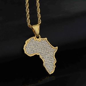 Hip Hop Titanium Steel Iced Out Africa Map Pendant Necklace For Men Women Gold Pave Rhinestone Map Shape Pendant Jewelry