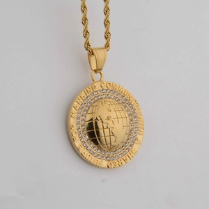 Golden earth pendant necklace with white zircons and rope chain for men and women