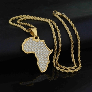 Iced out Africa map pendant necklace with gold twist chain and sparkling rhinestones