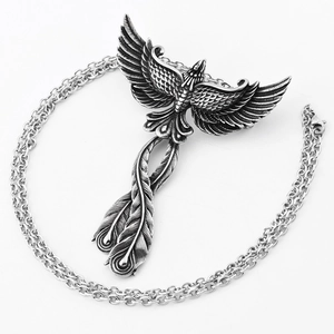 Retro phoenix pendant necklace in stainless steel with detailed feather engraving