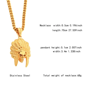 Detailed specs of gold Indian skull pendant with dimensions on stainless steel chain