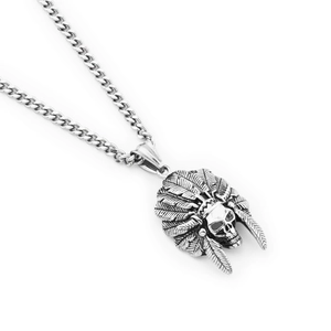 Vintage silver Indian skull pendant necklace with Cuban link chain for hip hop style