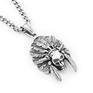 Vintage Indian skull pendant necklace with silver feathers for punk hip-hop style jewelry