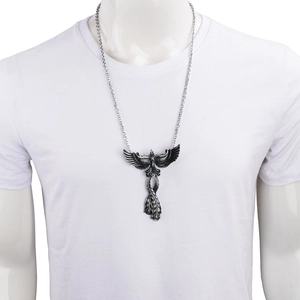 Retro phoenix pendant necklace in vintage silver finish with punk style metal chain link