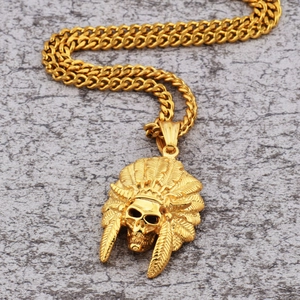 Stainless Steel Indian Feather Headdress Skull Pendant Necklace Men Women Hip Hop Gothic Punk Vintage Jewelry Titanium Steel Charm