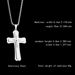 Detailed view of triple-layered stainless steel cross pendant on a round box chain