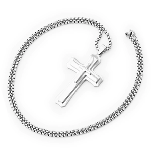 Detail of silver triple-layered cross pendant with round bead chain in punk style