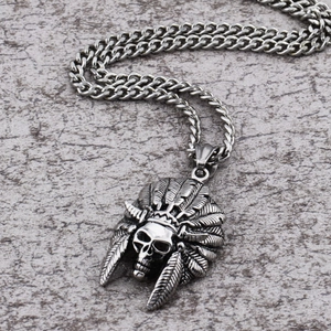 Indian skull pendant necklace with feather headdress and vintage steel cuban chain