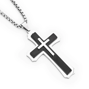 Three-layer cross pendant necklace with black inlay and stainless steel box chain