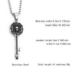 Detailed view of skull key pendant with dimensions and stainless steel chain specs