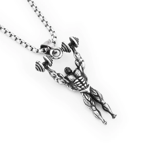Close-up of a muscular man lifting dumbbells pendant with vintage steel finish