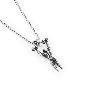 Hip hop bodybuilding athlete pendant with barbell on square pearl chain in silver