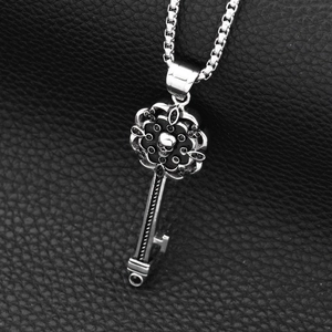 Gothic skull key pendant necklace with black crystals on vintage box chain