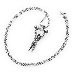 Hip hop bodybuilding necklace with silver barbell man pendant on sturdy square chain link