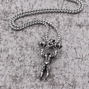 Men's silver barbell bodybuilding pendant necklace with polished stainless steel chain