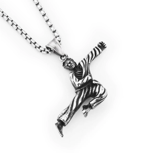 Vintage martial artist kung fu fighter pendant necklace on a sturdy square box chain
