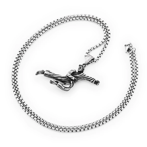 Retro stainless steel martial arts pendant necklace with a box chain on white background
