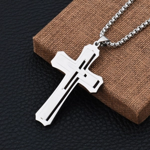Industrial silver stainless steel double layer cross pendant necklace with box chain