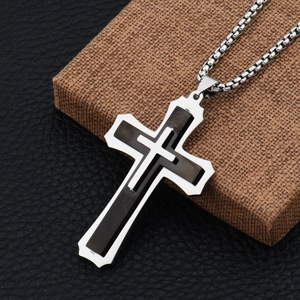 Three-layer silver and black cross pendant necklace with a robust box chain for men