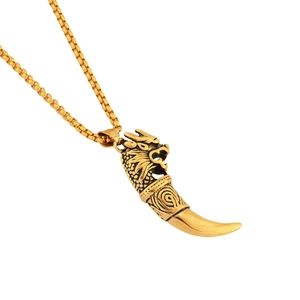 Retro dragon head wolf tooth pendant necklace with golden box chain for men and women